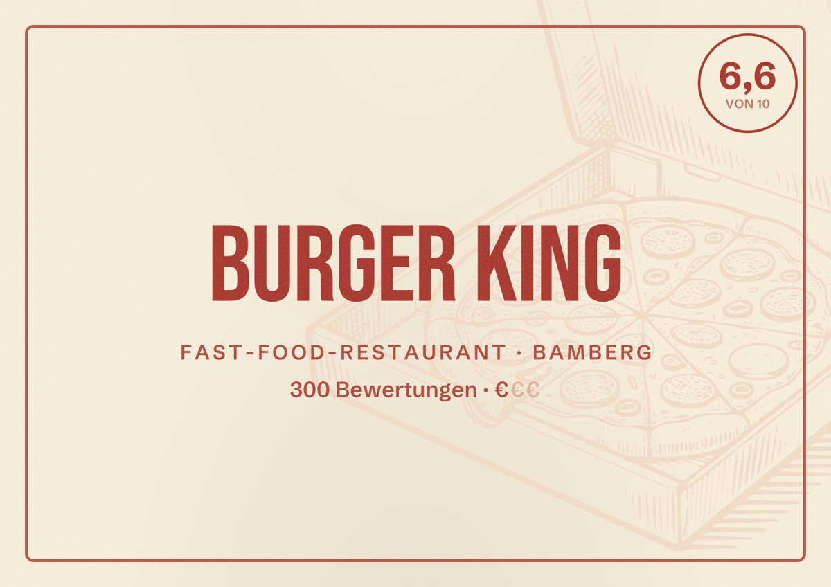 Illustriertes Poster von Burger King, Fast-Food-Restaurant in Bamberg: Bewertung 6,6 von 10 aus 300 Bewertungen, Preisniveau €