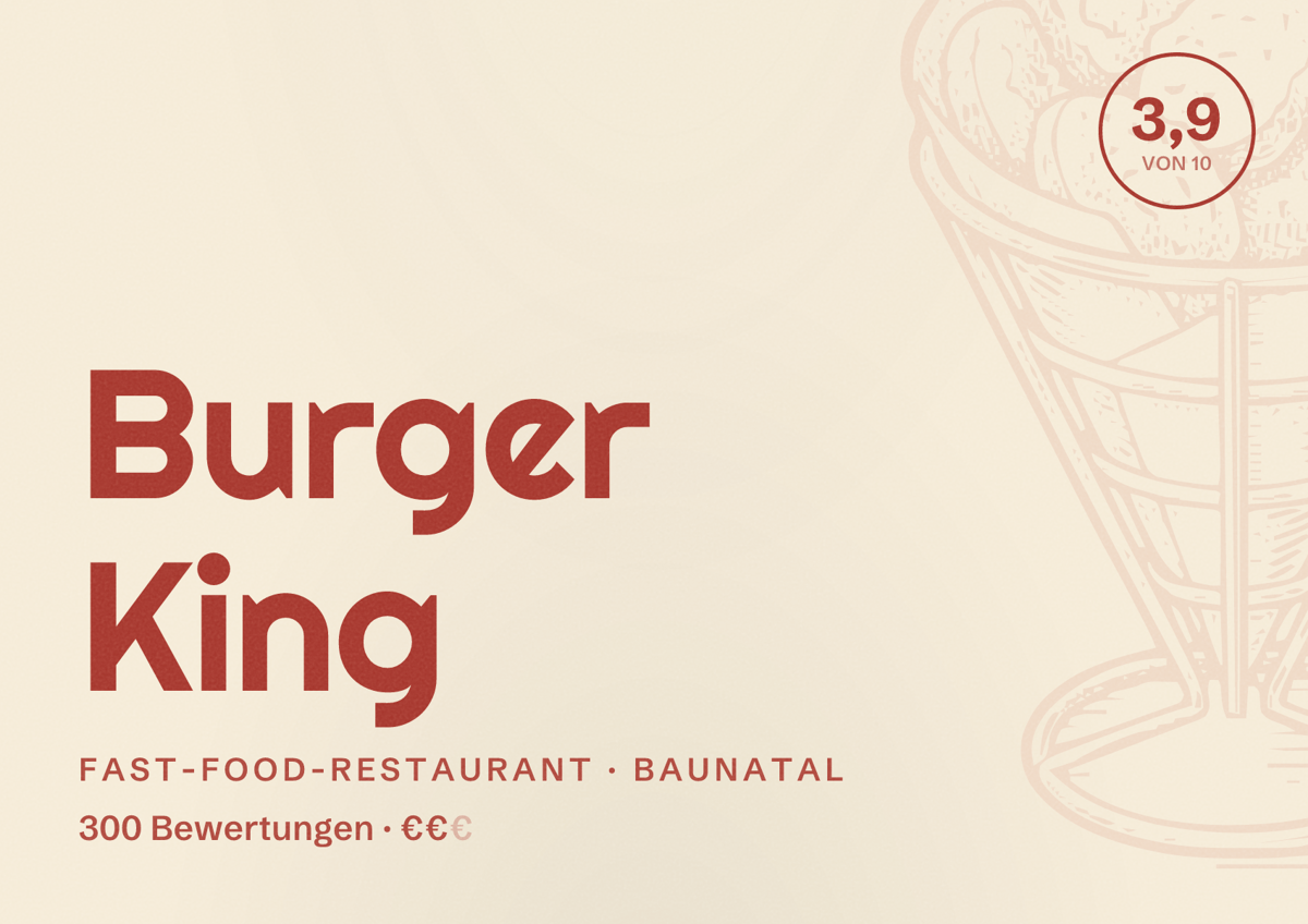 Illustriertes Poster von Burger King, Fast-Food-Restaurant in Baunatal: Bewertung 3,9 von 10 aus 300 Bewertungen, Preisniveau €€