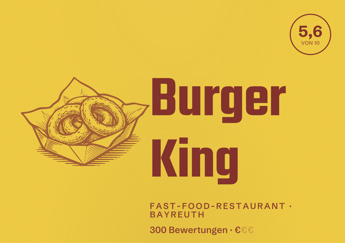 Illustriertes Poster von Burger King, Fast-Food-Restaurant in Bayreuth: Bewertung 5,6 von 10 aus 300 Bewertungen, Preisniveau €