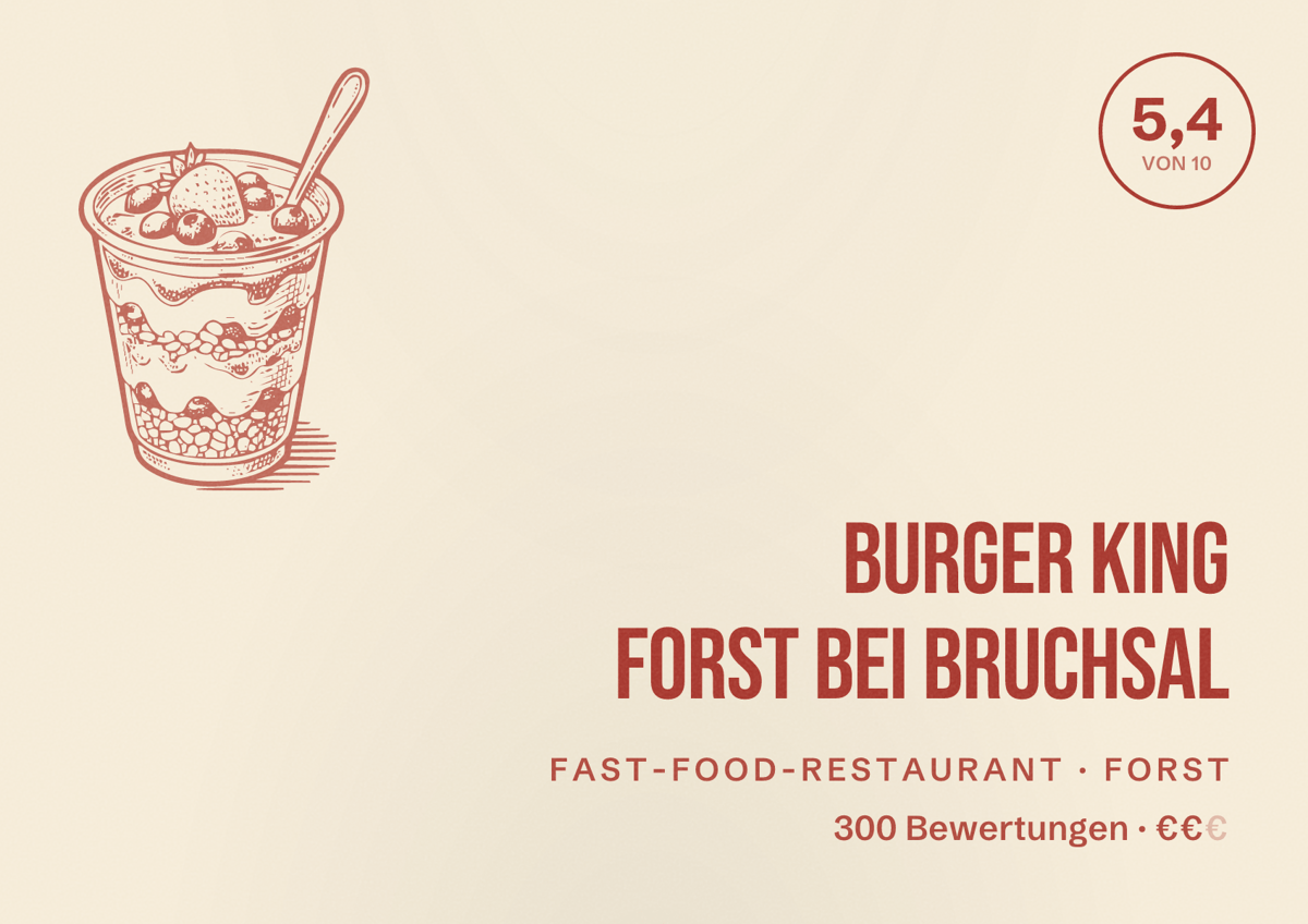 Illustriertes Poster von Burger King Forst bei Bruchsal, Fast-Food-Restaurant in Forst: Bewertung 5,4 von 10 aus 300 Bewertungen, Preisniveau €€