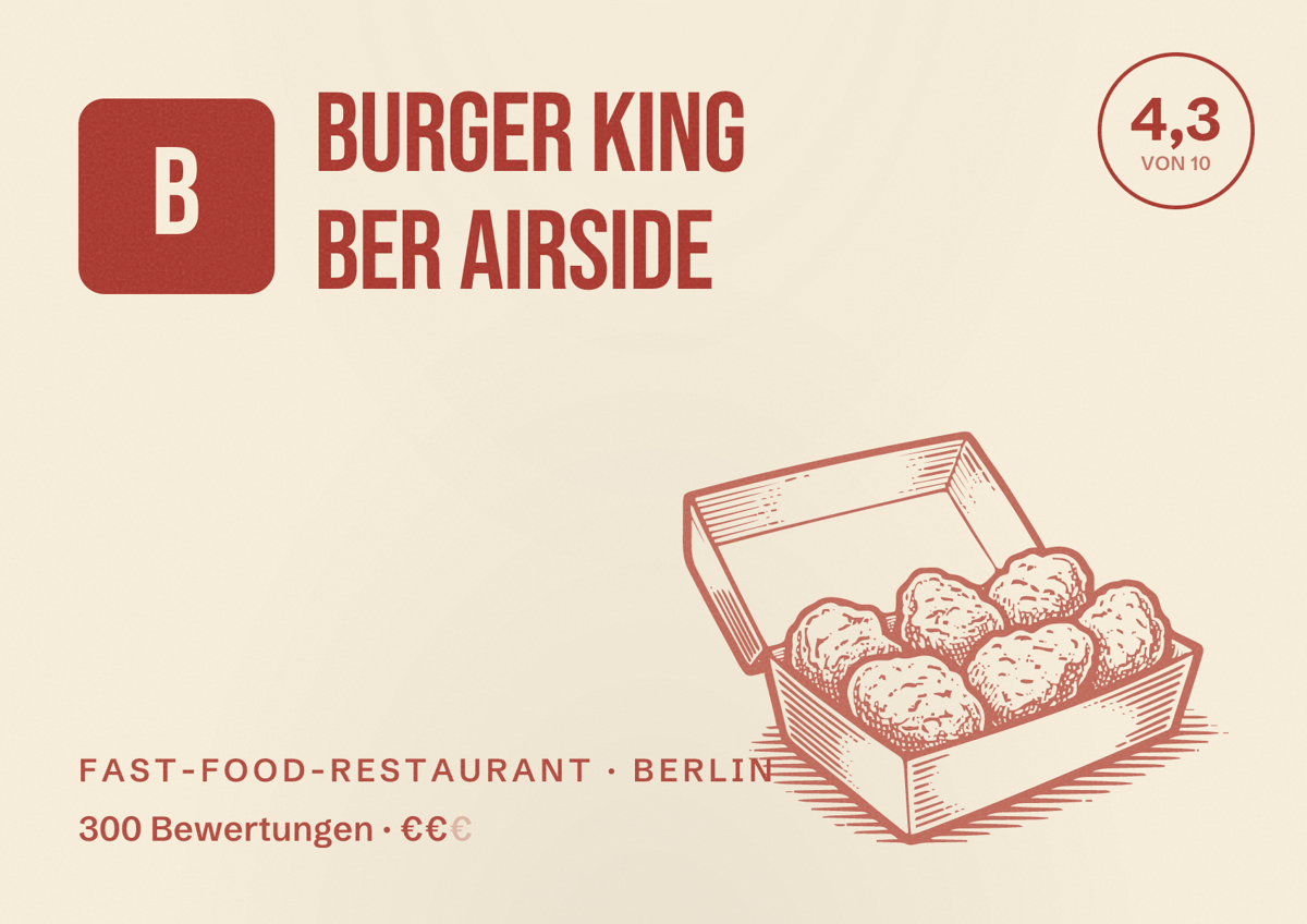 Illustriertes Poster von Burger King BER Airside, Fast-Food-Restaurant in Berlin: Bewertung 4,3 von 10 aus 300 Bewertungen, Preisniveau €€
