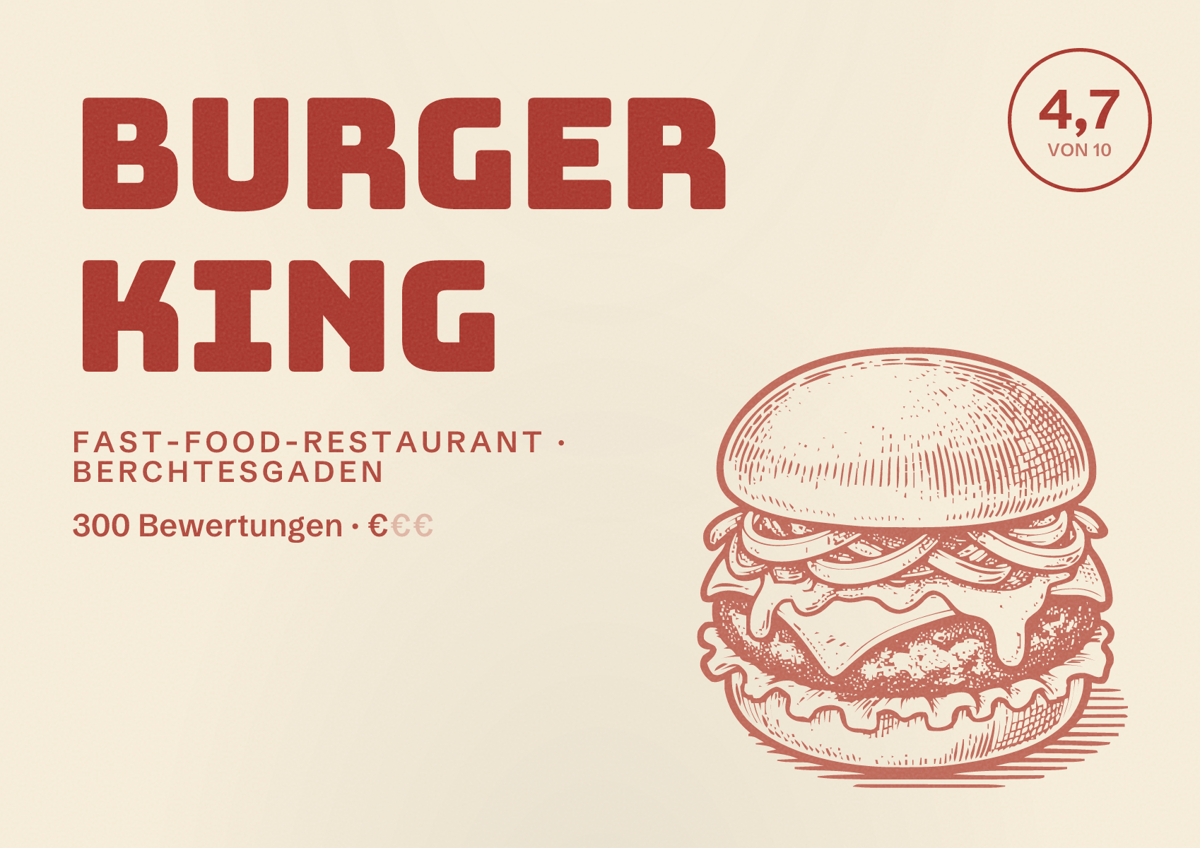 Illustriertes Poster von Burger King, Fast-Food-Restaurant in Berchtesgaden: Bewertung 4,7 von 10 aus 300 Bewertungen, Preisniveau €