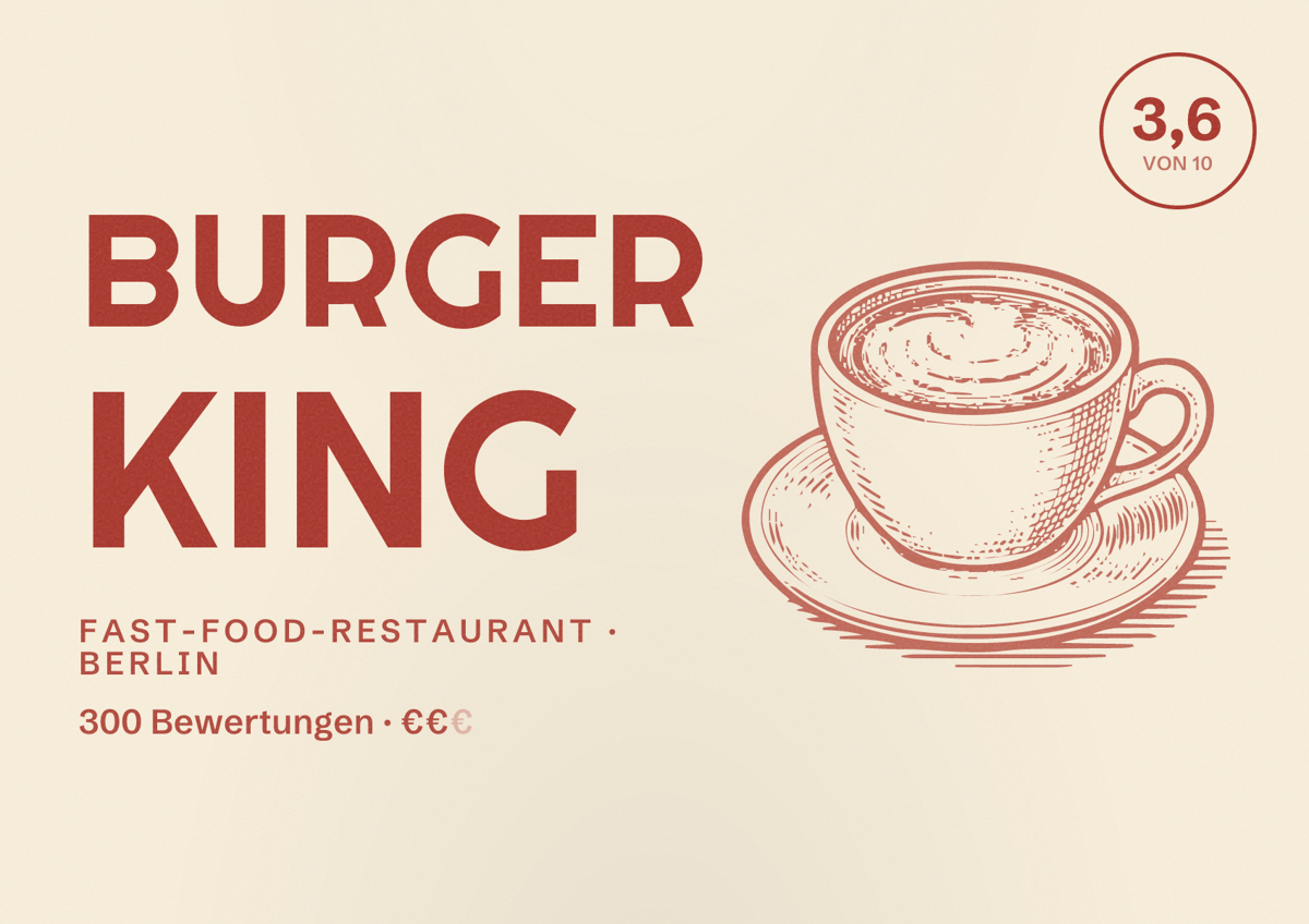 Illustriertes Poster von Burger King, Fast-Food-Restaurant in Berlin: Bewertung 3,6 von 10 aus 300 Bewertungen, Preisniveau €€