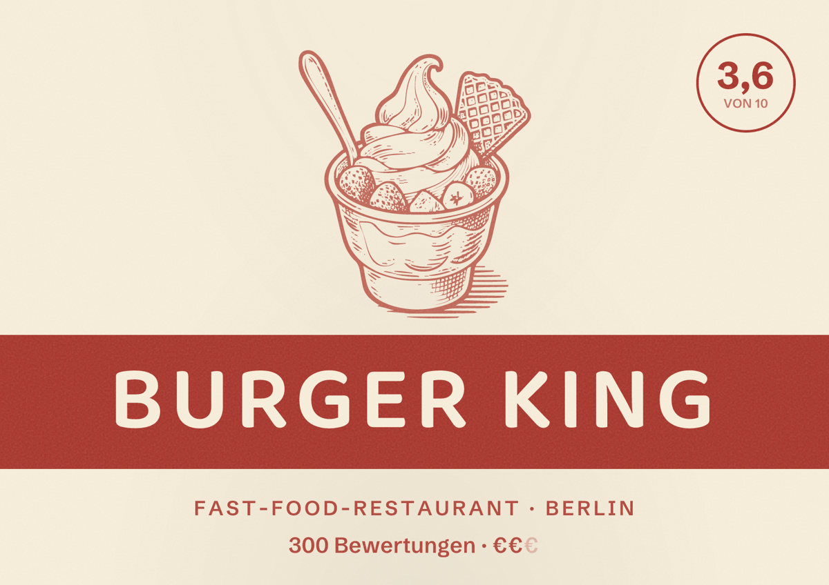 Illustriertes Poster von Burger King, Fast-Food-Restaurant in Berlin: Bewertung 3,6 von 10 aus 300 Bewertungen, Preisniveau €€
