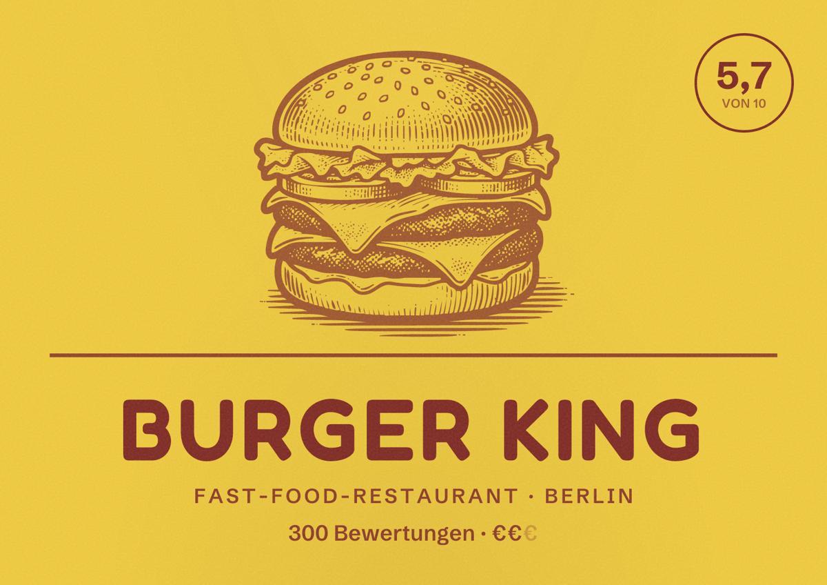 Illustriertes Poster von Burger King, Fast-Food-Restaurant in Berlin: Bewertung 5,7 von 10 aus 300 Bewertungen, Preisniveau €€