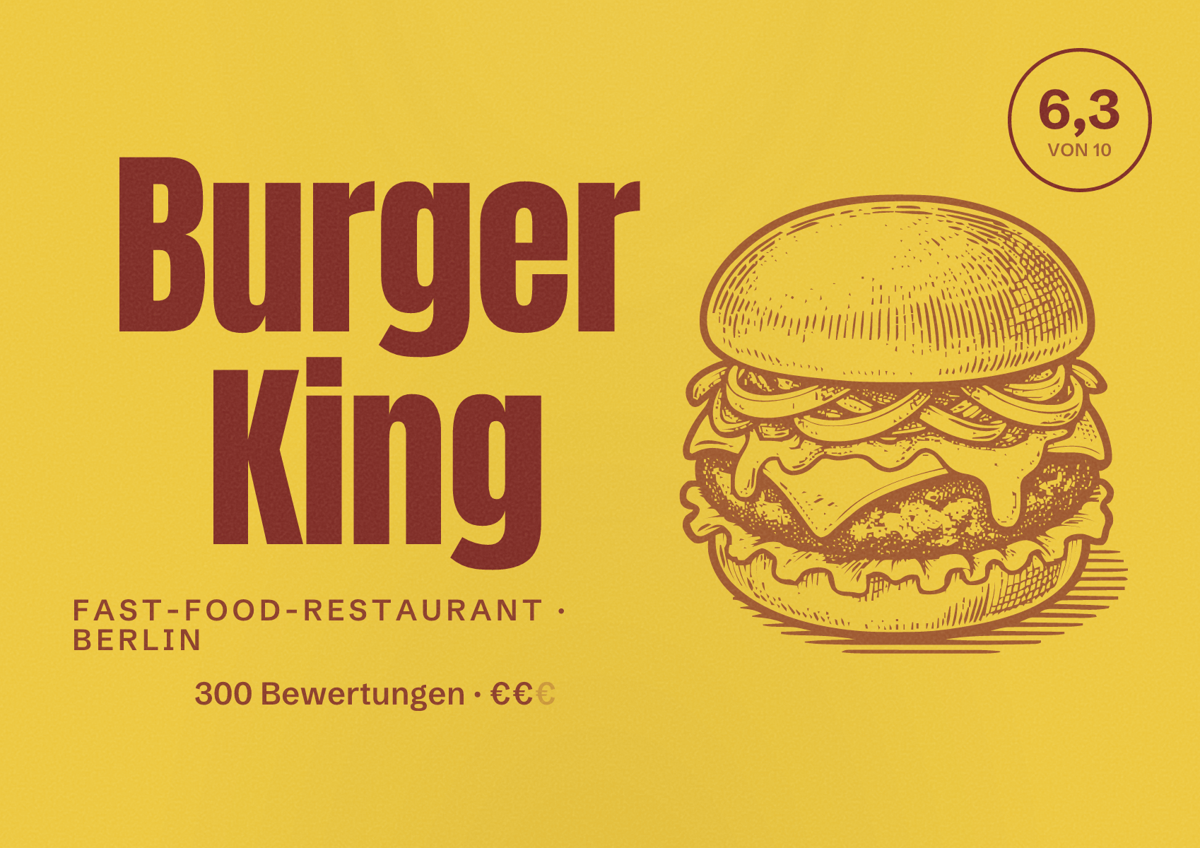 Illustriertes Poster von Burger King, Fast-Food-Restaurant in Berlin: Bewertung 6,3 von 10 aus 300 Bewertungen, Preisniveau €€