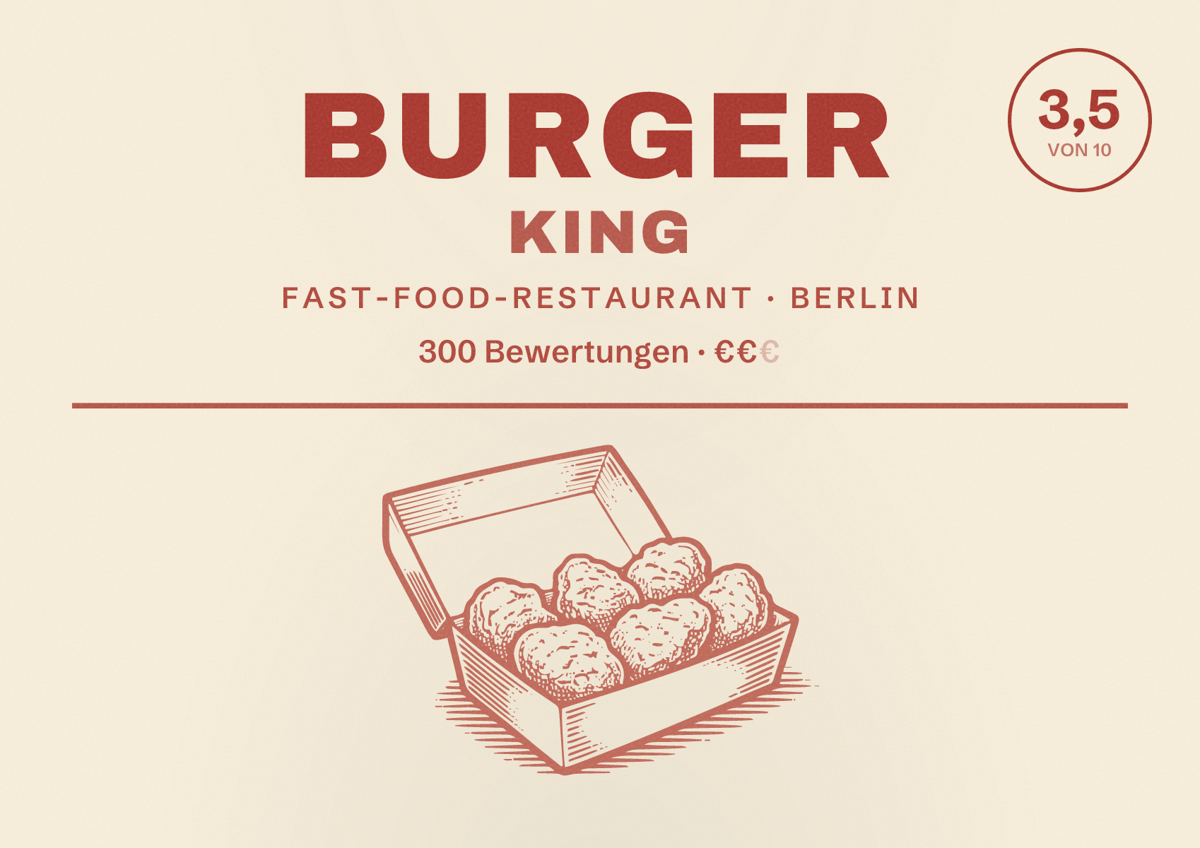 Illustriertes Poster von Burger King, Fast-Food-Restaurant in Berlin: Bewertung 3,5 von 10 aus 300 Bewertungen, Preisniveau €€