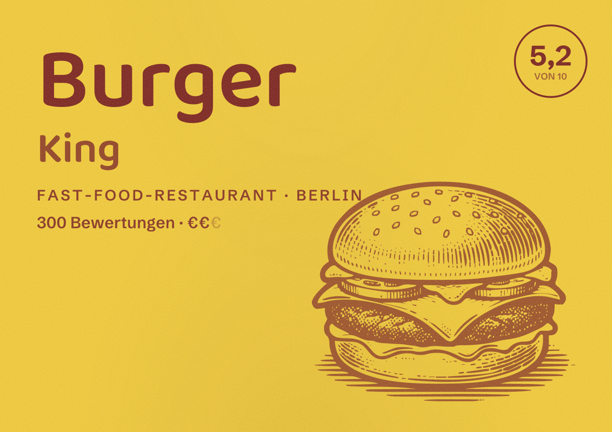 Illustriertes Poster von Burger King, Fast-Food-Restaurant in Berlin: Bewertung 5,2 von 10 aus 300 Bewertungen, Preisniveau €€