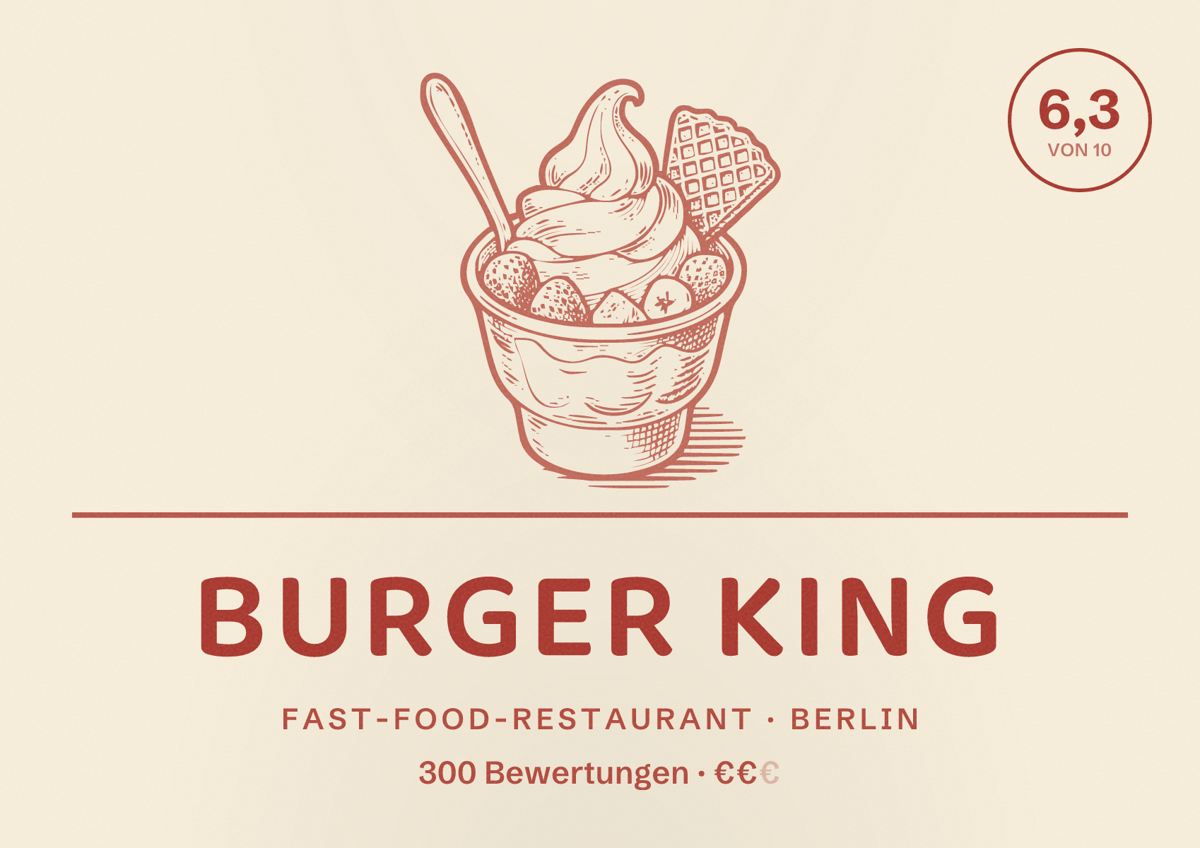 Illustriertes Poster von Burger King, Fast-Food-Restaurant in Berlin: Bewertung 6,3 von 10 aus 300 Bewertungen, Preisniveau €€