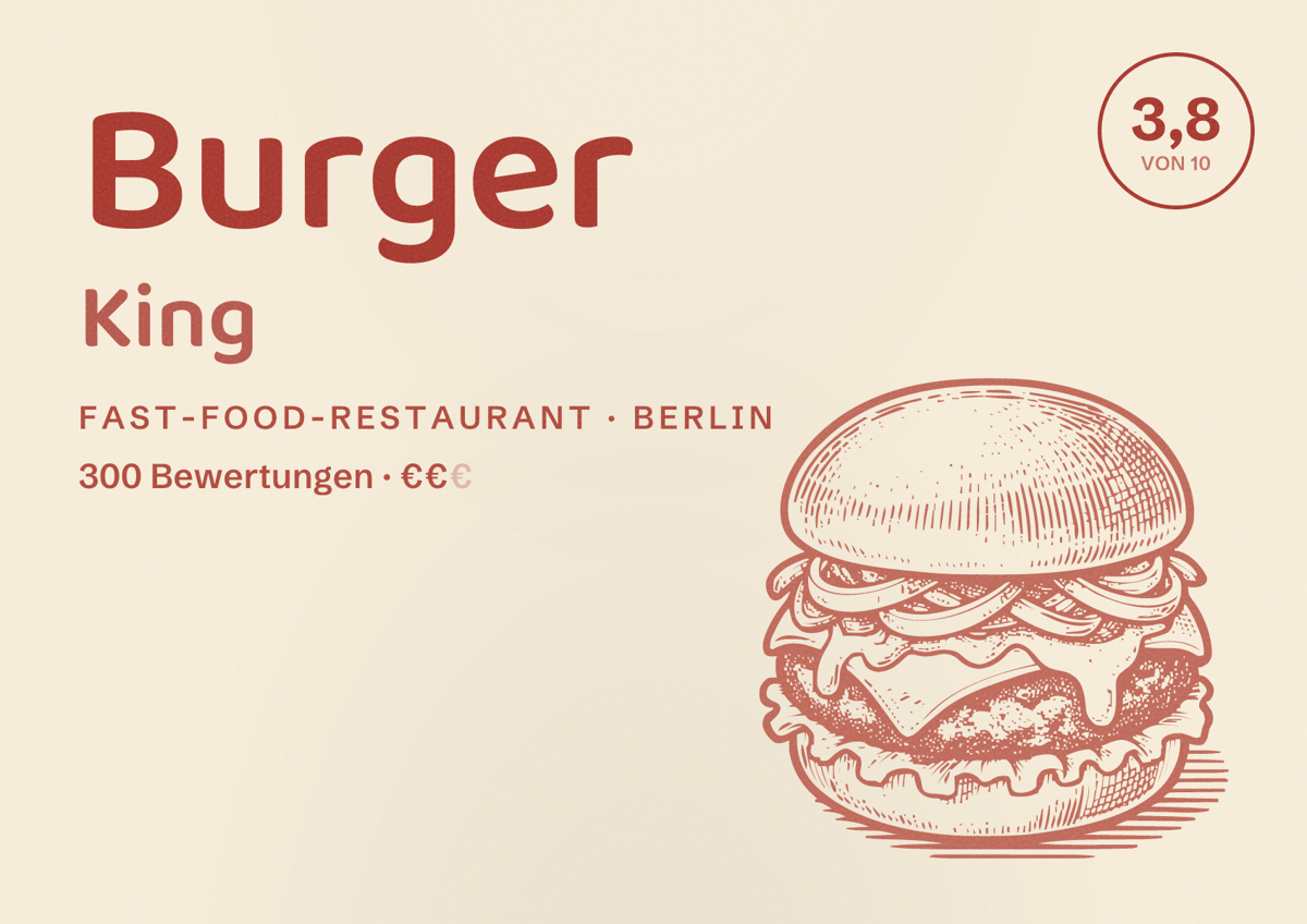 Illustriertes Poster von Burger King, Fast-Food-Restaurant in Berlin: Bewertung 3,8 von 10 aus 300 Bewertungen, Preisniveau €€