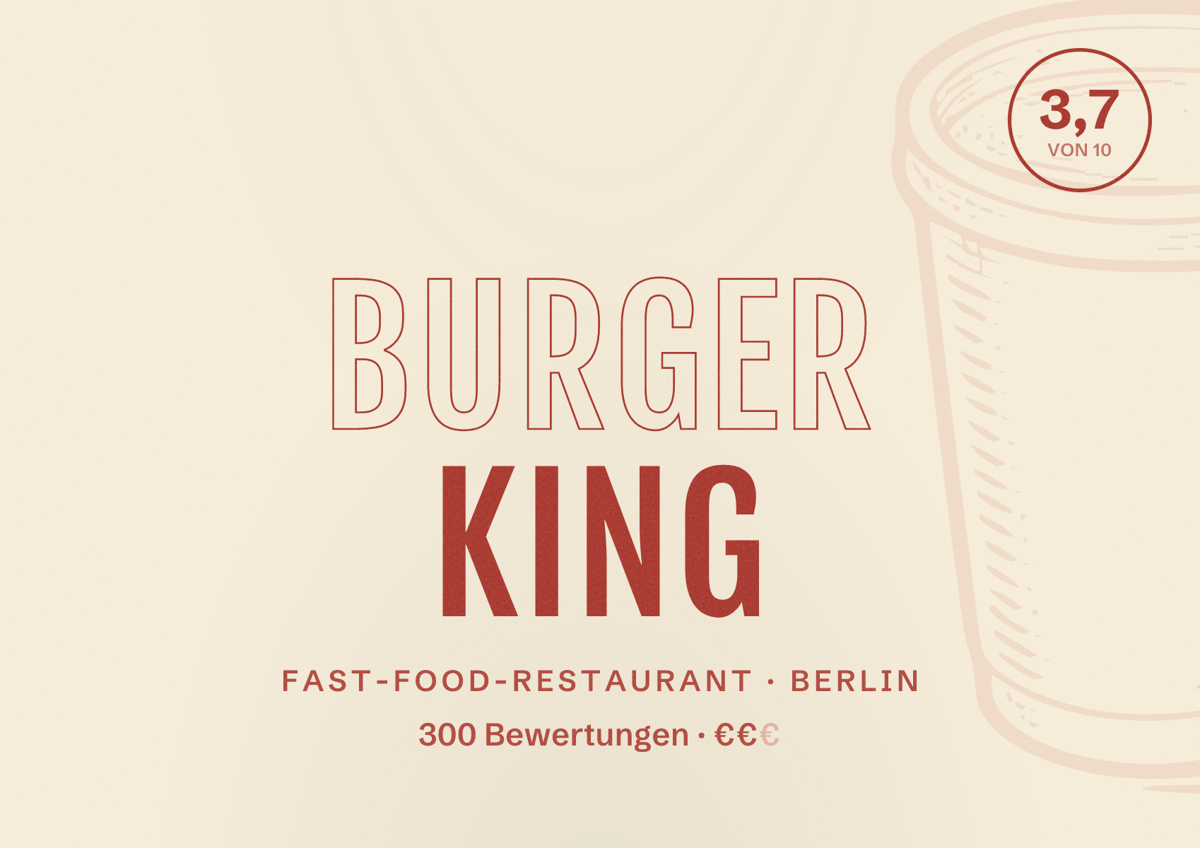 Illustriertes Poster von Burger King, Fast-Food-Restaurant in Berlin: Bewertung 3,7 von 10 aus 300 Bewertungen, Preisniveau €€