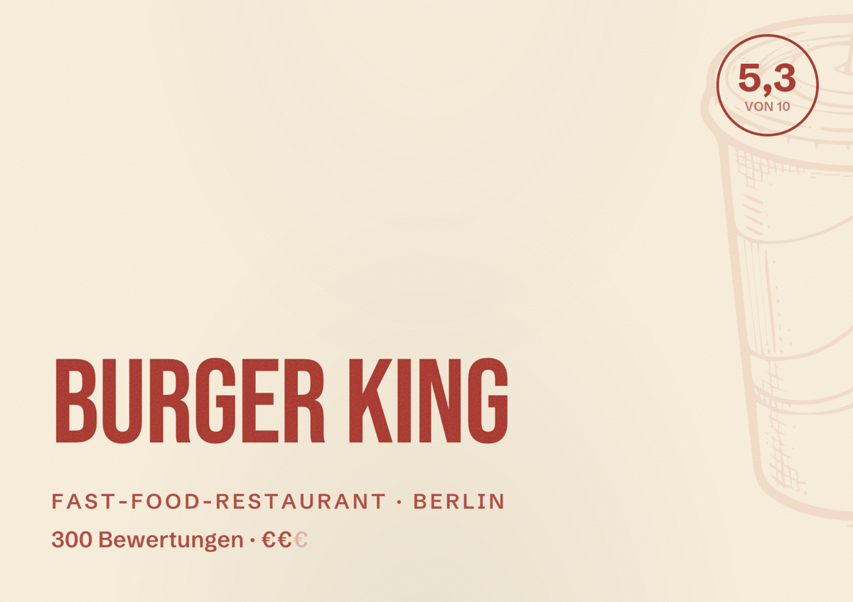 Illustriertes Poster von Burger King, Fast-Food-Restaurant in Berlin: Bewertung 5,3 von 10 aus 300 Bewertungen, Preisniveau €€