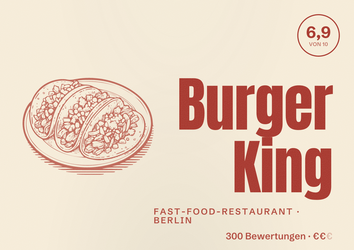 Illustriertes Poster von Burger King, Fast-Food-Restaurant in Berlin: Bewertung 6,9 von 10 aus 300 Bewertungen, Preisniveau €€