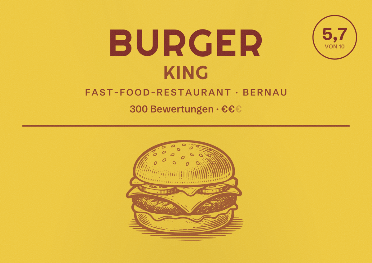 Illustriertes Poster von BURGER KING, Fast-Food-Restaurant in Bernau: Bewertung 5,7 von 10 aus 300 Bewertungen, Preisniveau €€