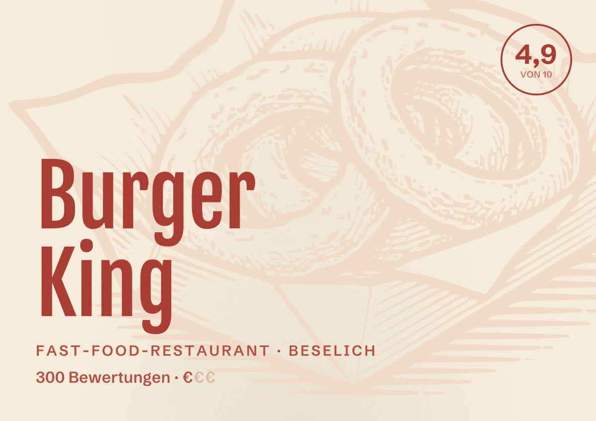 Illustriertes Poster von Burger King, Fast-Food-Restaurant in Beselich: Bewertung 4,9 von 10 aus 300 Bewertungen, Preisniveau €