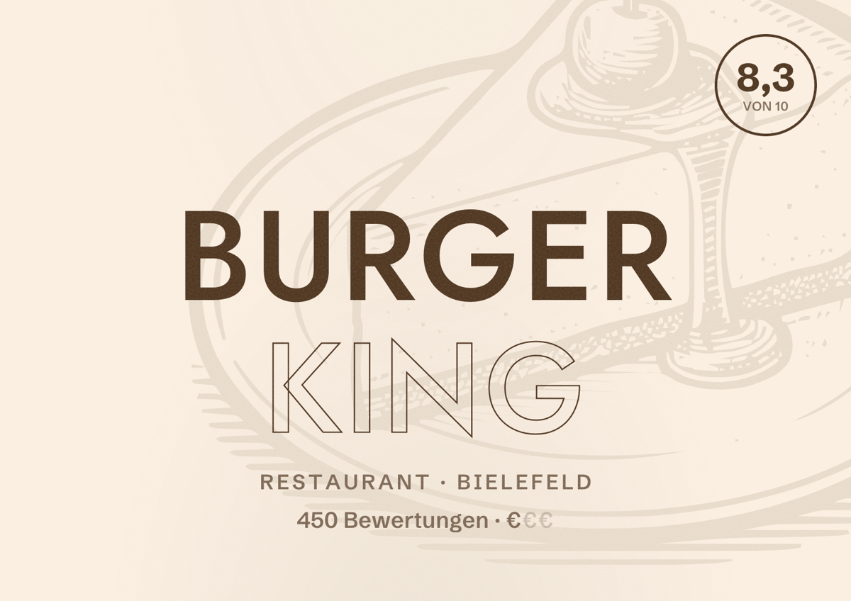 Illustriertes Poster von Burger King, Restaurant in Bielefeld: Bewertung 8,3 von 10 aus 450 Bewertungen, Preisniveau €