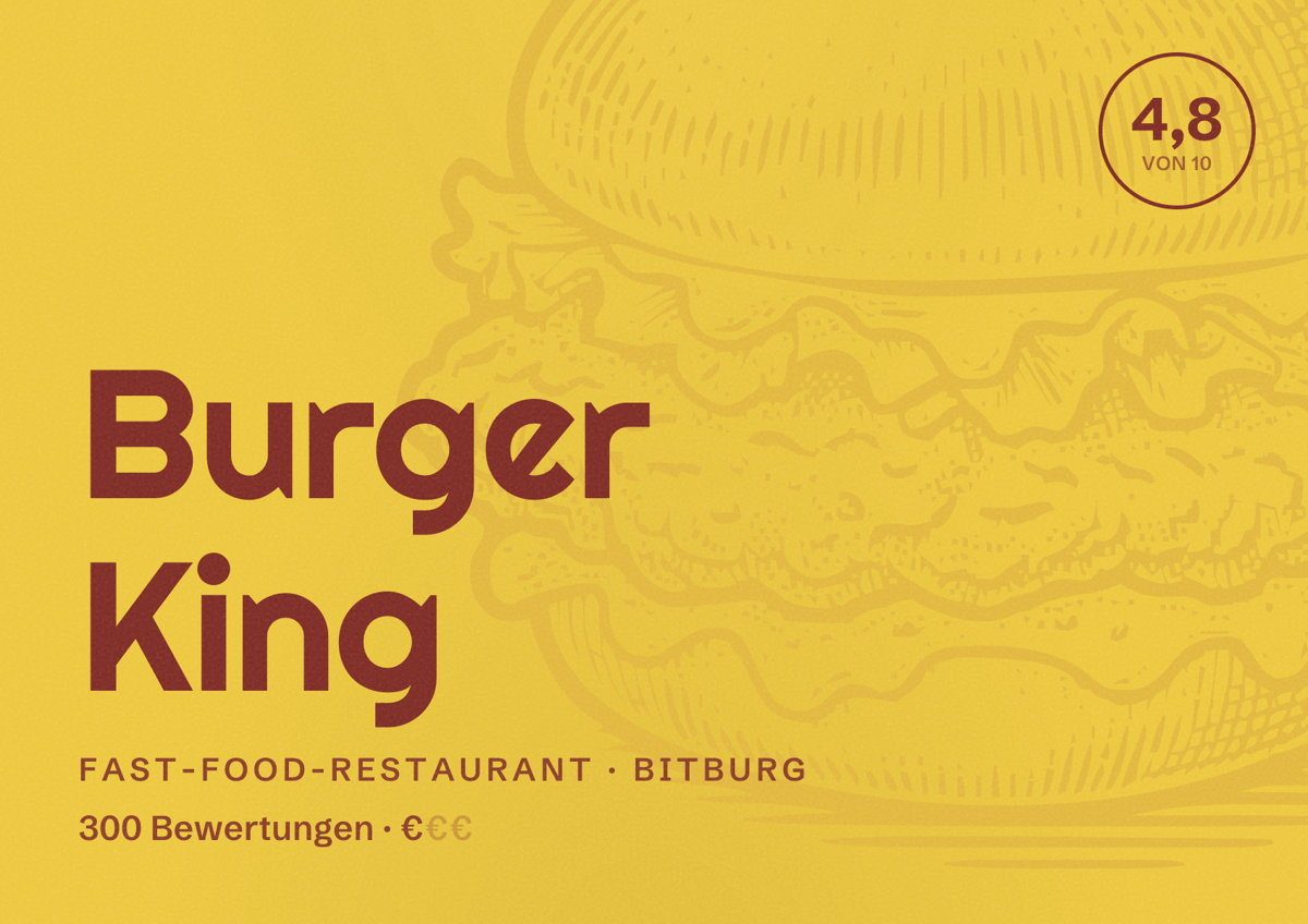 Illustriertes Poster von Burger King, Fast-Food-Restaurant in Bitburg: Bewertung 4,8 von 10 aus 300 Bewertungen, Preisniveau €