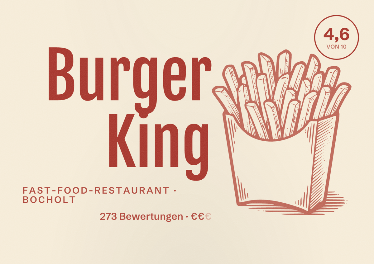 Illustriertes Poster von Burger King, Fast-Food-Restaurant in Bocholt: Gästebewertung 4,6 von 10 aus 273 Bewertungen