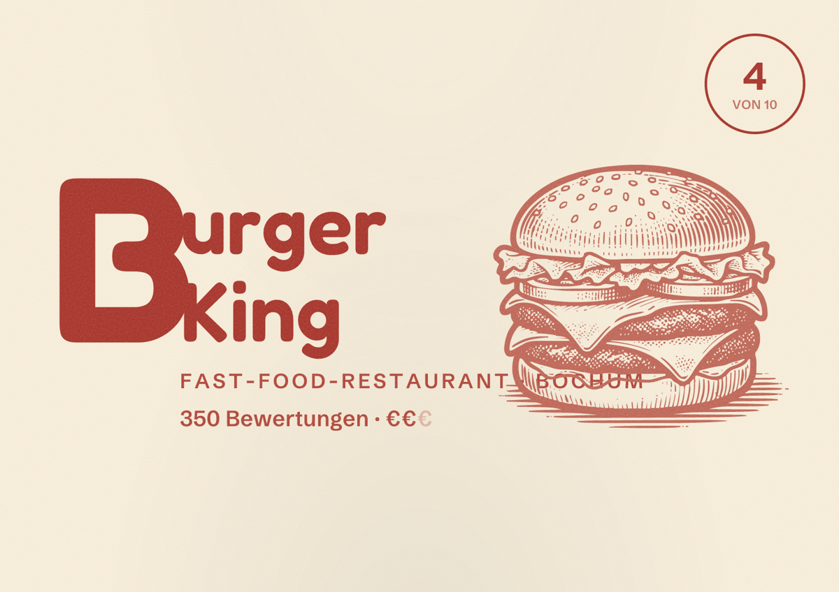 Illustriertes Poster von Burger King, Fast-Food-Restaurant in Bochum: Bewertung 4 von 10 aus 350 Bewertungen, Preisniveau €€