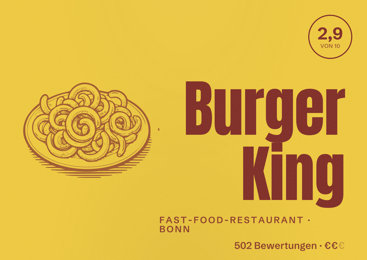 Illustriertes Poster von Burger King, Fast-Food-Restaurant in Bonn: Bewertung 2,9 von 10 aus 502 Bewertungen, Preisniveau €€