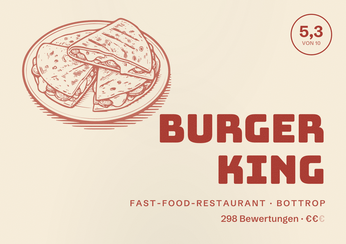 Illustriertes Poster von Burger King, Fast-Food-Restaurant in Bottrop: Bewertung 5,3 von 10 aus 298 Bewertungen, Preisniveau €€
