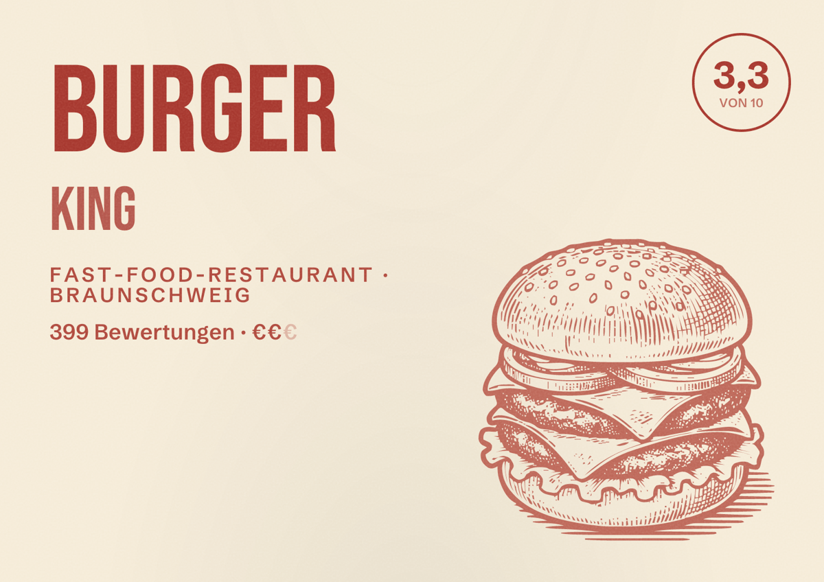 Illustriertes Poster von Burger King, Fast-Food-Restaurant in Braunschweig: Bewertung 3,3 von 10 aus 399 Bewertungen, Preisniveau €€
