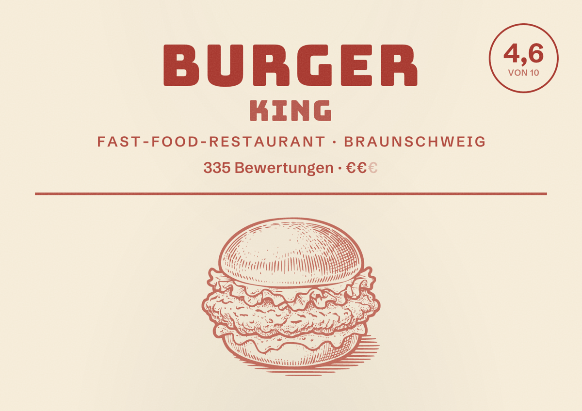 Illustriertes Poster von Burger King, Fast-Food-Restaurant in Braunschweig: Bewertung 4,6 von 10 aus 335 Bewertungen, Preisniveau €€