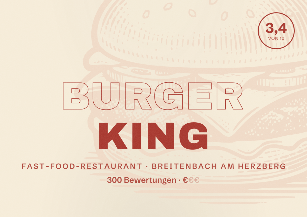 Illustriertes Poster von Burger King, Fast-Food-Restaurant in Breitenbach am Herzberg: Bewertung 3,4 von 10 aus 300 Bewertungen, Preisniveau €