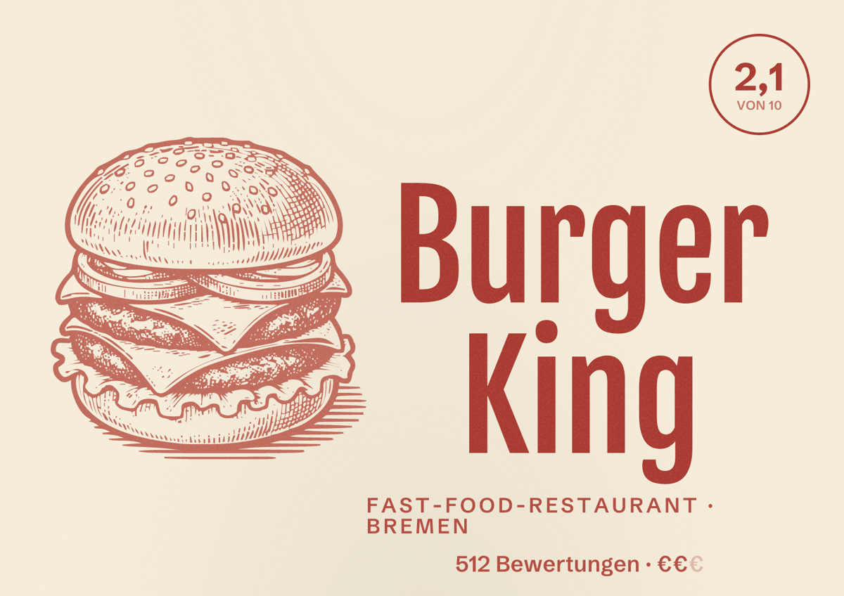 Illustriertes Poster von Burger King, Fast-Food-Restaurant in Bremen: Bewertung 2,1 von 10 aus 512 Bewertungen, Preisniveau €€