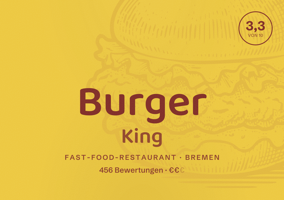 Illustriertes Poster von Burger King, Fast-Food-Restaurant in Bremen: Bewertung 3,3 von 10 aus 456 Bewertungen, Preisniveau €€
