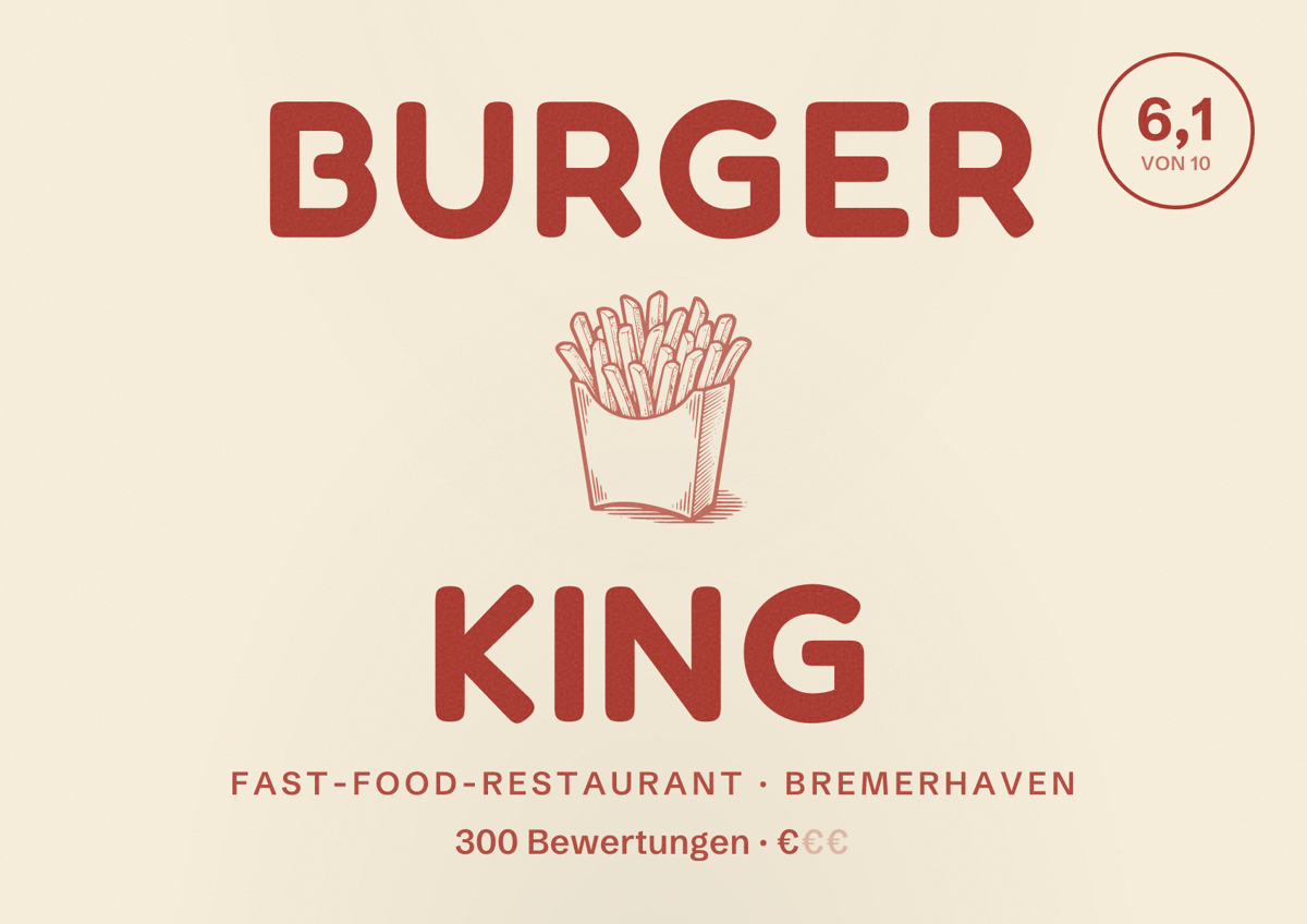 Illustriertes Poster von Burger King, Fast-Food-Restaurant in Bremerhaven: Bewertung 6,1 von 10 aus 300 Bewertungen, Preisniveau €