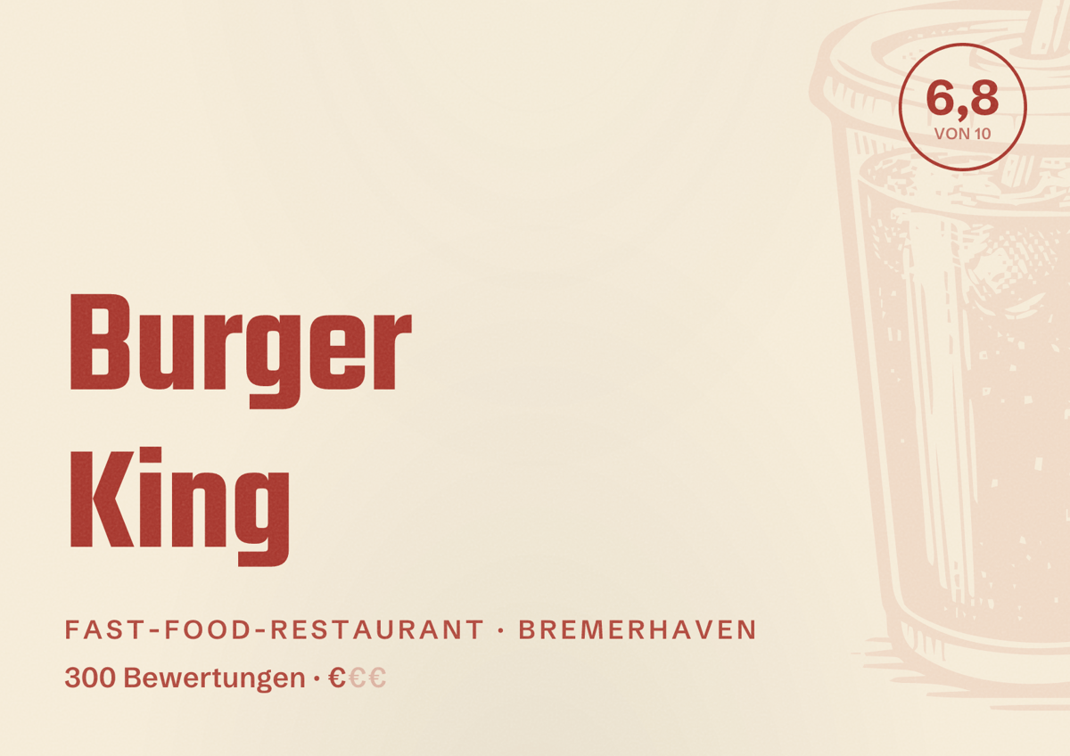 Illustriertes Poster von Burger King, Fast-Food-Restaurant in Bremerhaven: Bewertung 6,8 von 10 aus 300 Bewertungen, Preisniveau €