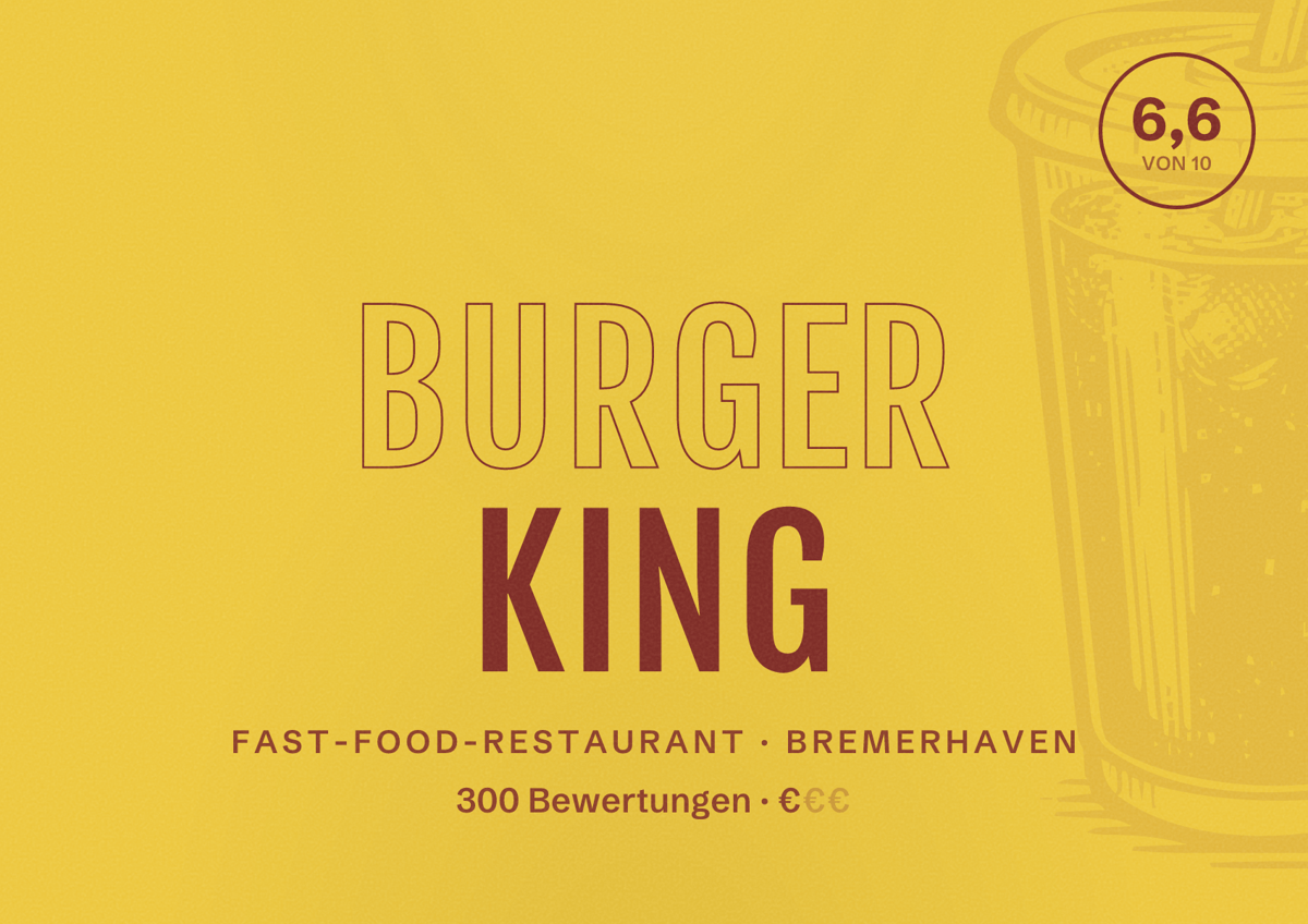 Illustriertes Poster von Burger King, Fast-Food-Restaurant in Bremerhaven: Bewertung 6,6 von 10 aus 300 Bewertungen, Preisniveau €