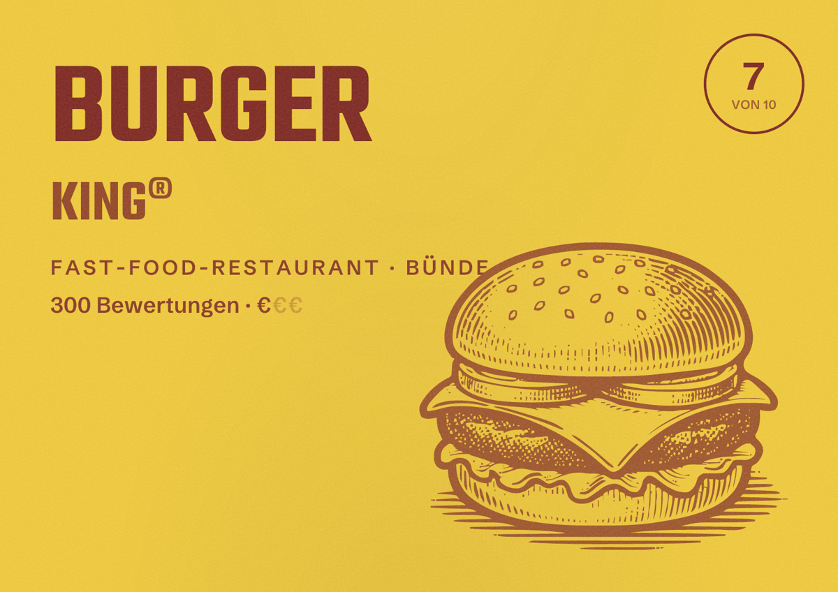 Illustriertes Poster von BURGER KING®, Fast-Food-Restaurant in Bünde: Bewertung 7 von 10 aus 300 Bewertungen, Preisniveau €