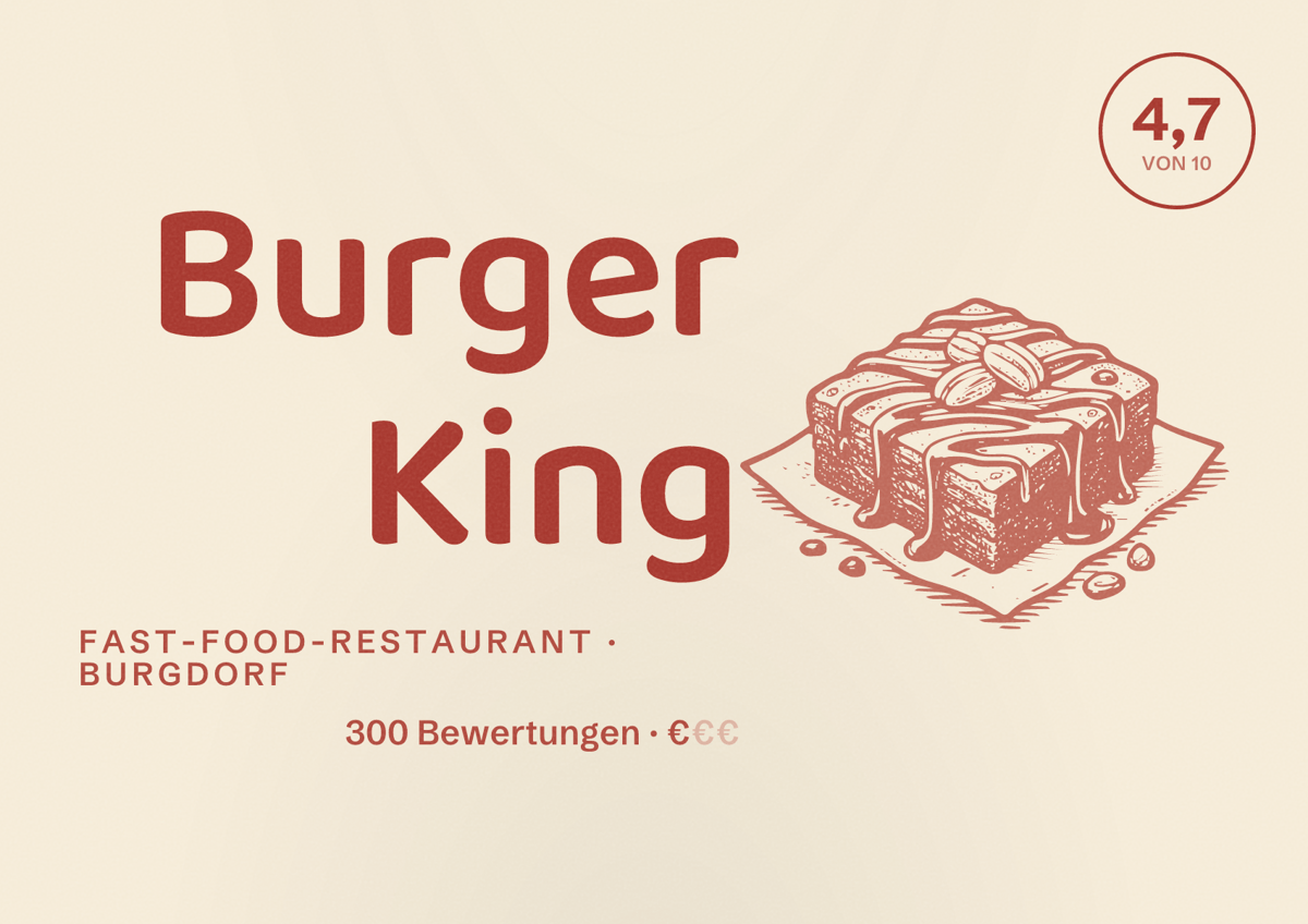 Illustriertes Poster von Burger King, Fast-Food-Restaurant in Burgdorf: Bewertung 4,7 von 10 aus 300 Bewertungen, Preisniveau €