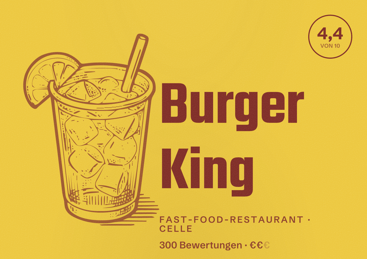Illustriertes Poster von Burger King, Fast-Food-Restaurant in Celle: Bewertung 4,4 von 10 aus 300 Bewertungen, Preisniveau €€