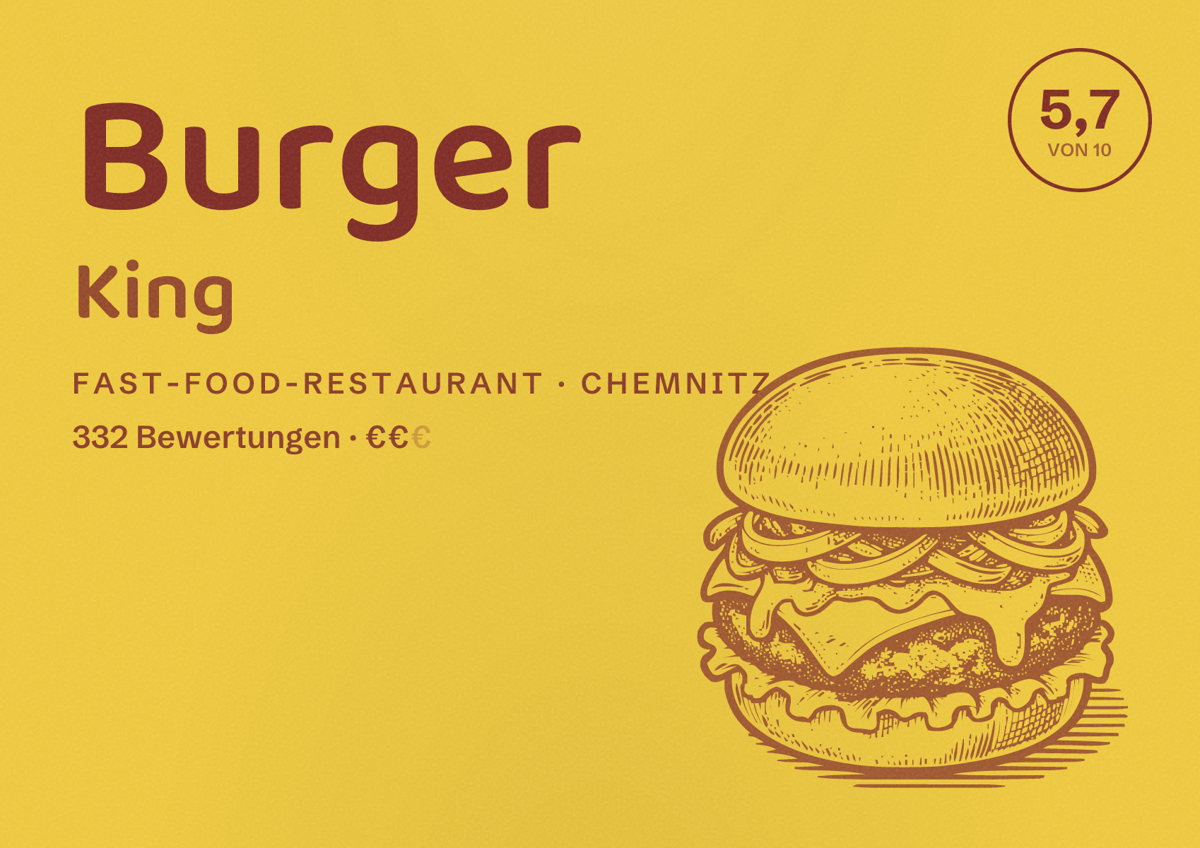 Illustriertes Poster von Burger King, Fast-Food-Restaurant in Chemnitz: Bewertung 5,7 von 10 aus 332 Bewertungen, Preisniveau €€