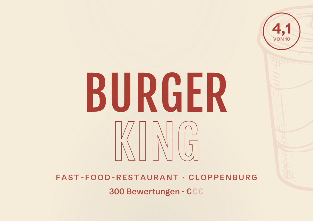 Illustriertes Poster von Burger King, Fast-Food-Restaurant in Cloppenburg: Bewertung 4,1 von 10 aus 300 Bewertungen, Preisniveau €