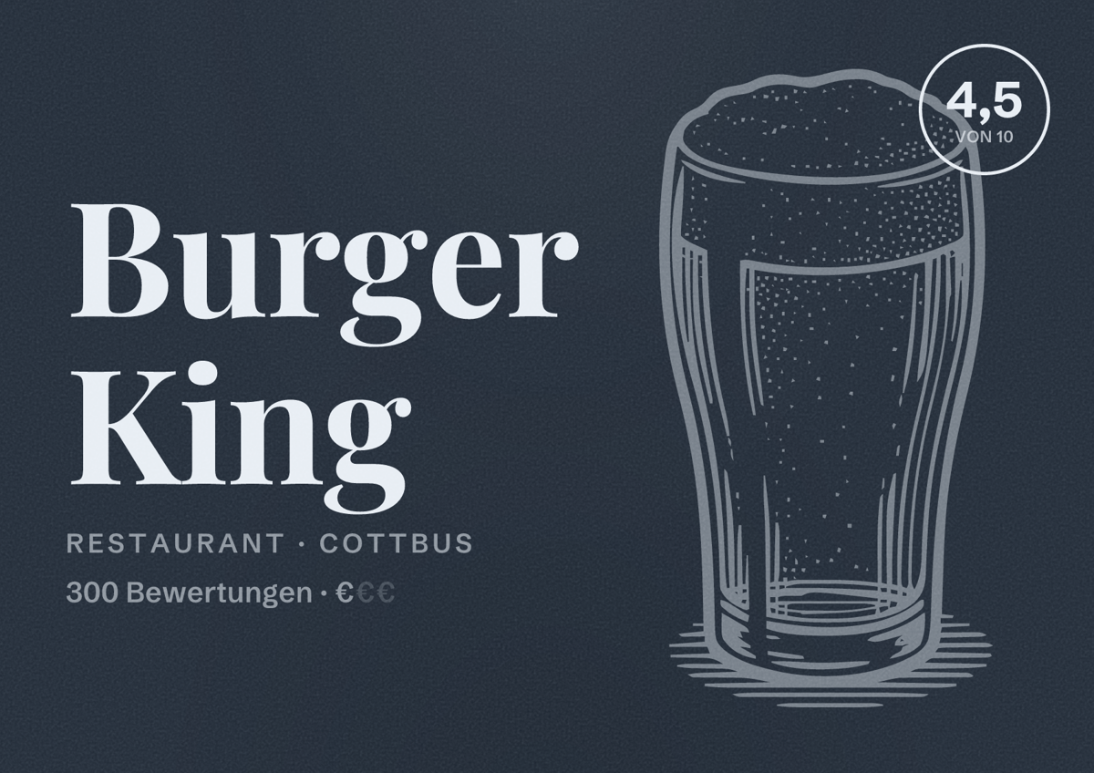 Illustriertes Poster von Burger King, Restaurant in Cottbus: Bewertung 4,5 von 10 aus 300 Bewertungen, Preisniveau €