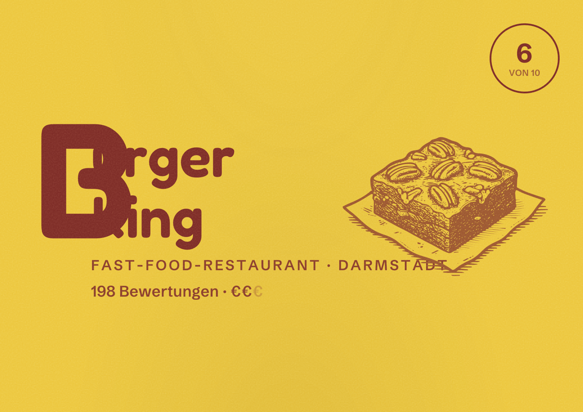 Illustriertes Poster von Burger King, Fast-Food-Restaurant in Darmstadt: Bewertung 6,0 von 10 aus 198 Bewertungen, Preisniveau €€