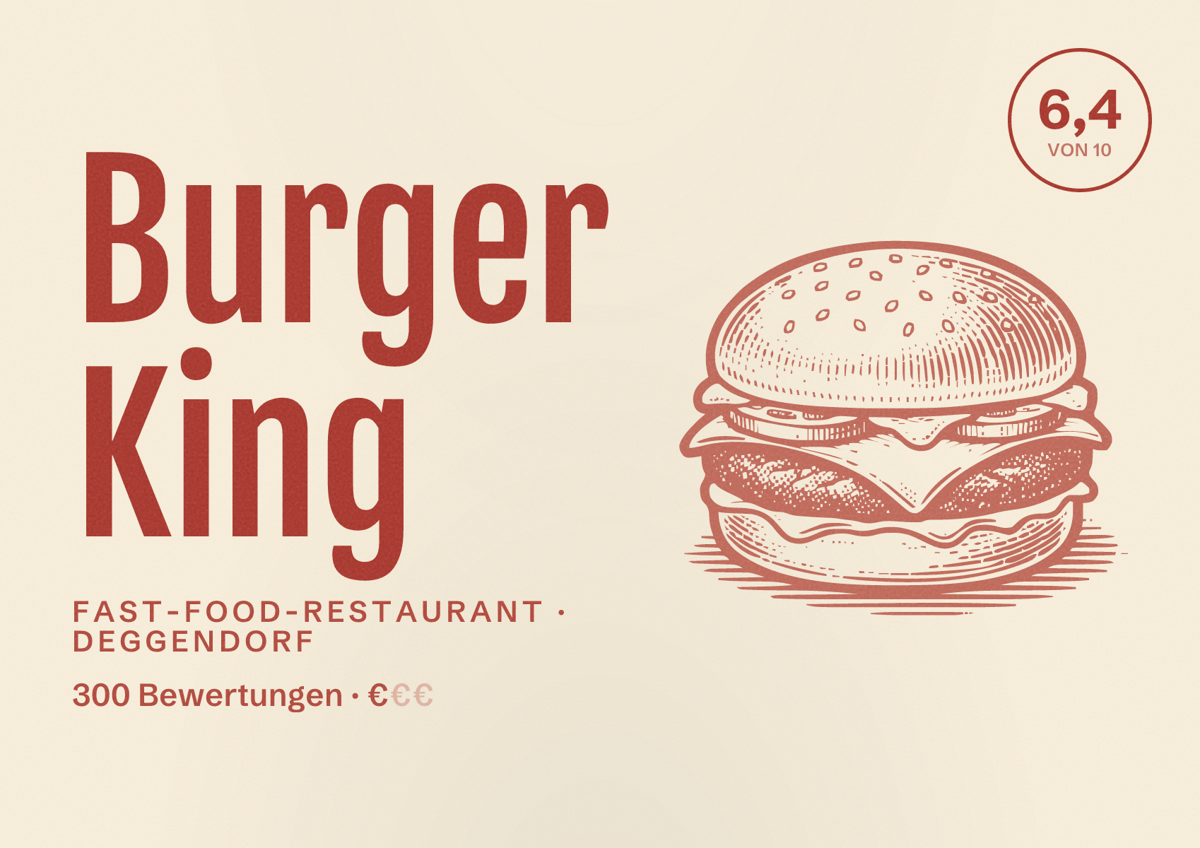 Illustriertes Poster von Burger King, Fast-Food-Restaurant in Deggendorf: Bewertung 6,4 von 10 aus 300 Bewertungen, Preisniveau €