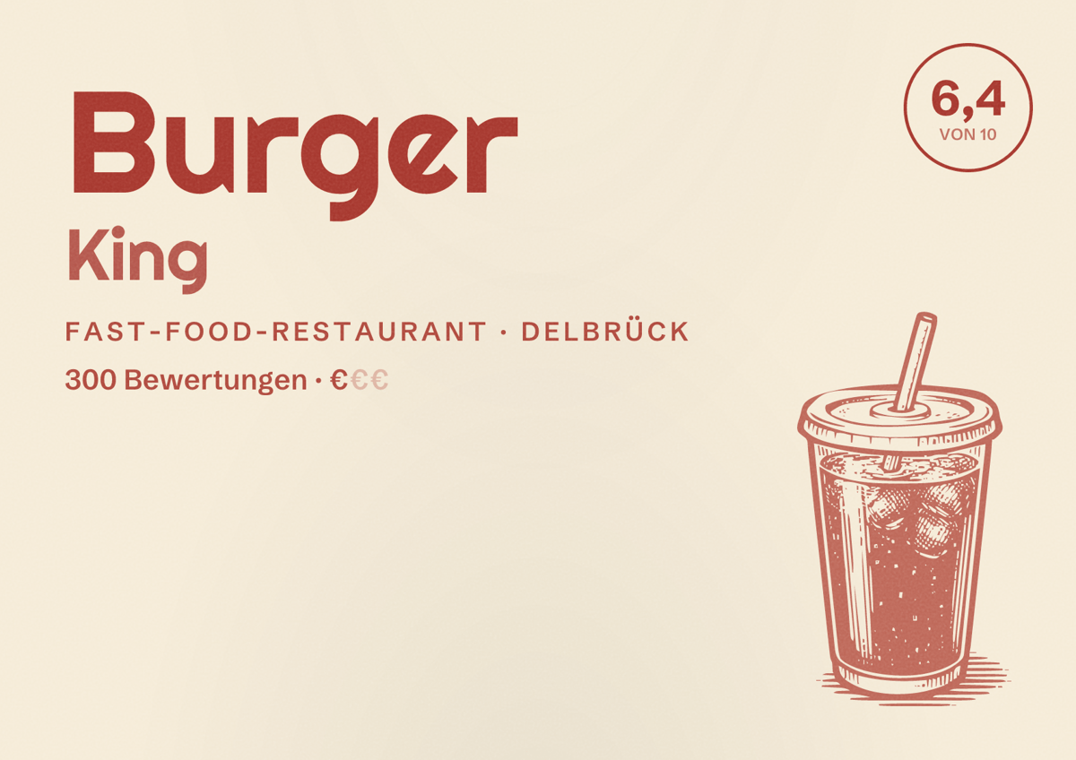 Illustriertes Poster von Burger King, Fast-Food-Restaurant in Delbrück: Bewertung 6,4 von 10 aus 300 Bewertungen, Preisniveau €