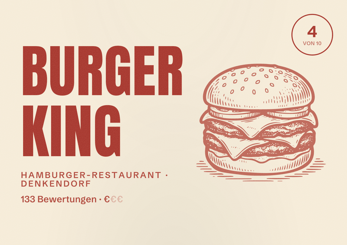 Illustriertes Poster von Burger King, Hamburger-Restaurant in Denkendorf: Bewertung 4 von 10 aus 133 Bewertungen, Preisniveau €