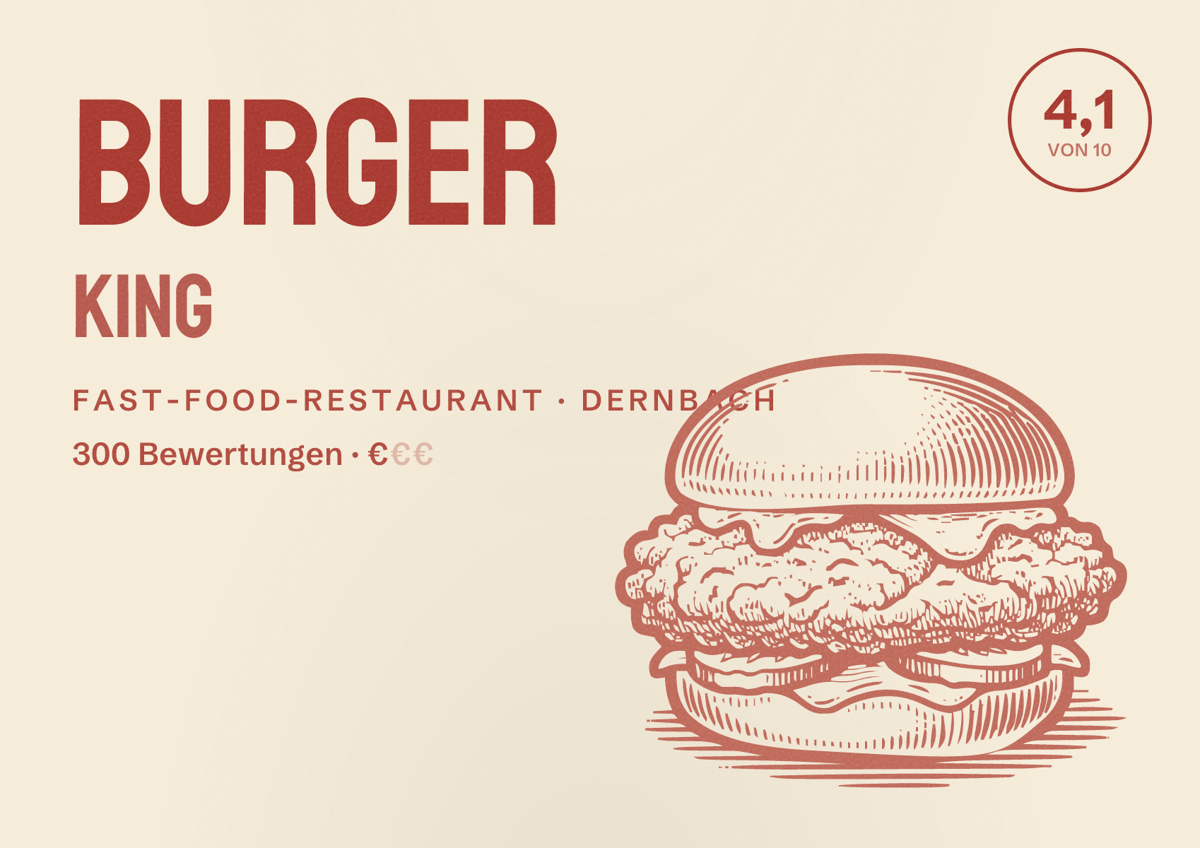 Illustriertes Poster von Burger King, Fast-Food-Restaurant in Dernbach: Bewertung 4,1 von 10 aus 300 Bewertungen, Preisniveau €