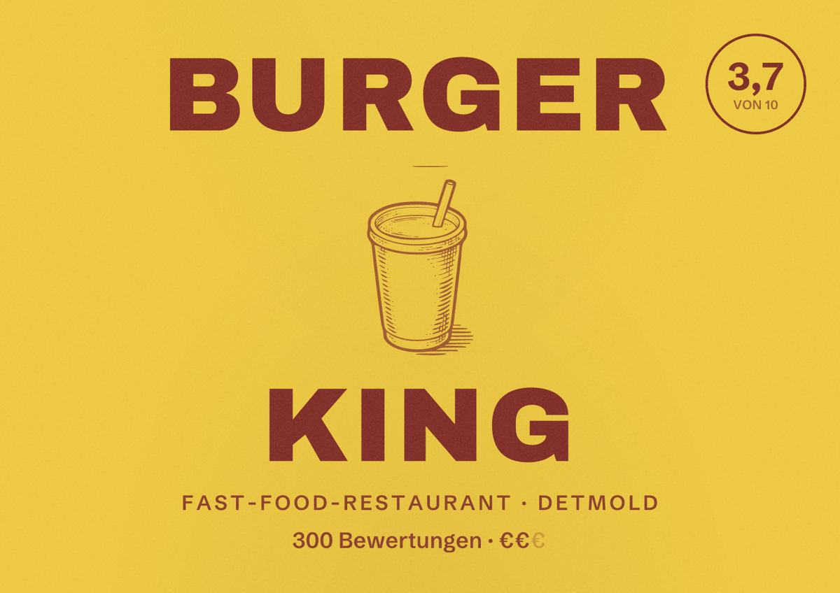 Illustriertes Poster von Burger King, Fast-Food-Restaurant in Detmold: Bewertung 3,7 von 10 aus 300 Bewertungen, Preisniveau €€