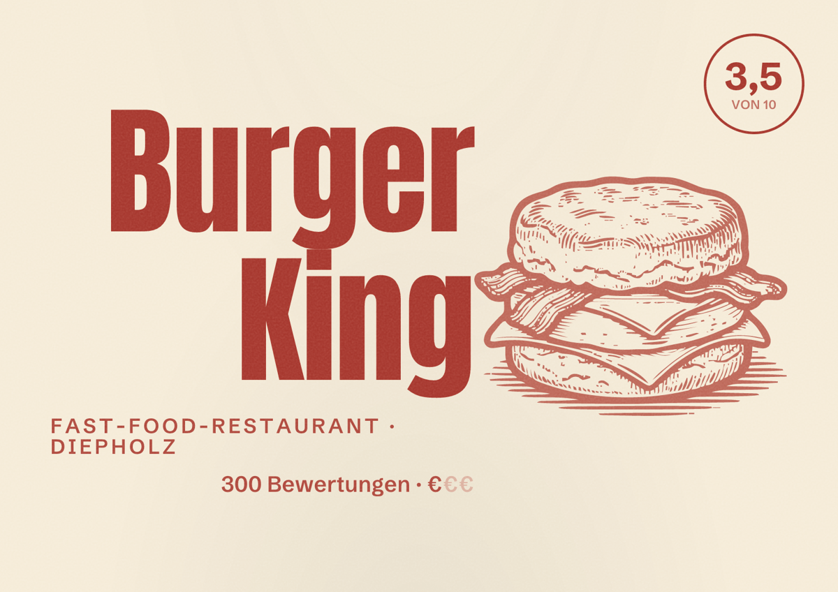 Illustriertes Poster von Burger King, Fast-Food-Restaurant in Diepholz: Bewertung 3,5 von 10 aus 300 Bewertungen, Preisniveau €