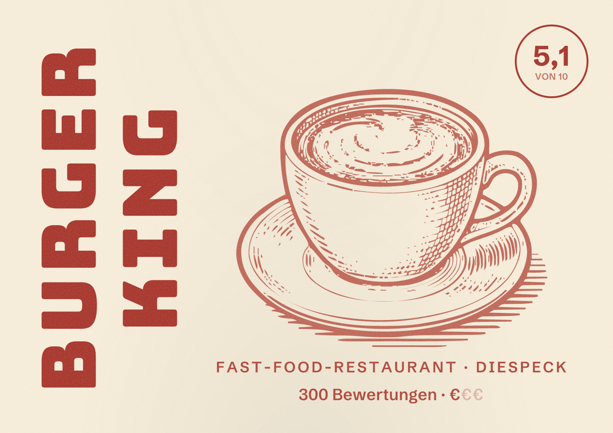 Illustriertes Poster von Burger King, Fast-Food-Restaurant in Diespeck: Bewertung 5,1 von 10 aus 300 Bewertungen, Preisniveau €