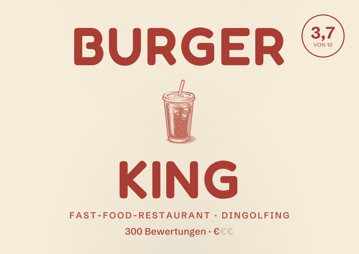 Illustriertes Poster von Burger King, Fast-Food-Restaurant in Dingolfing: Bewertung 3,7 von 10 aus 300 Bewertungen, Preisniveau €