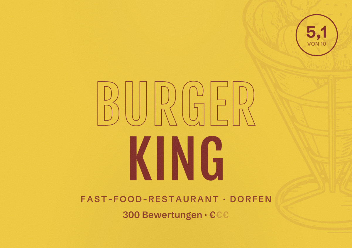 Illustriertes Poster von Burger King, Fast-Food-Restaurant in Dorfen: Bewertung 5,1 von 10 aus 300 Bewertungen, Preisniveau €