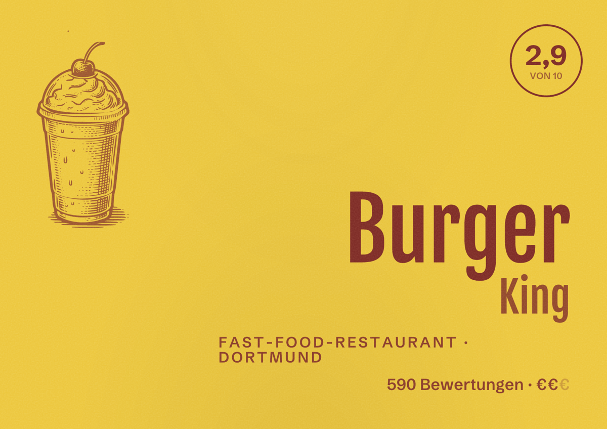 Illustriertes Poster von Burger King, Fast-Food-Restaurant in Dortmund: Gästebewertung 2,9 von 10 aus 590 Bewertungen